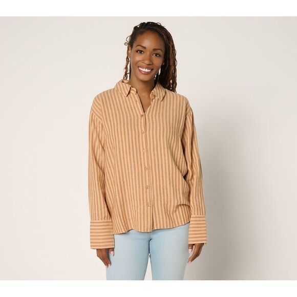 Peace Love World Tops - Peace Love World Women's Top Sz L Boheme Linen Blend French Cuff Brown A691698